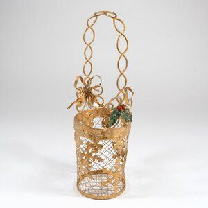 Gold Metal Christmas Holly Wine Holder, 14" tall